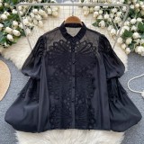 Women Stand Collar Lantern Sleeve Embroidered Openwork Lace Crop Top