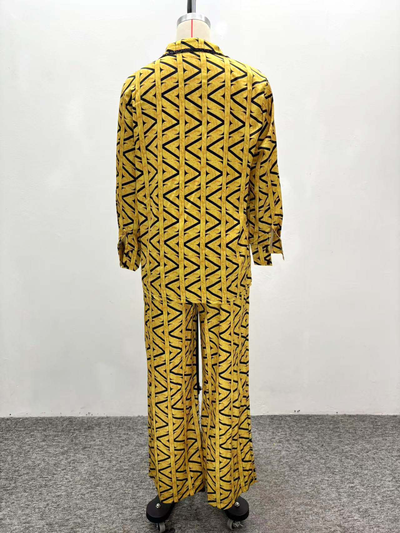 Plus Size African Women Casual Long-Sleeved Printed Shirt and Wide-Leg Pants Two-Piece Set