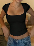Women Summer U-Neck Crop Top Short-Sleeved T-Shirt