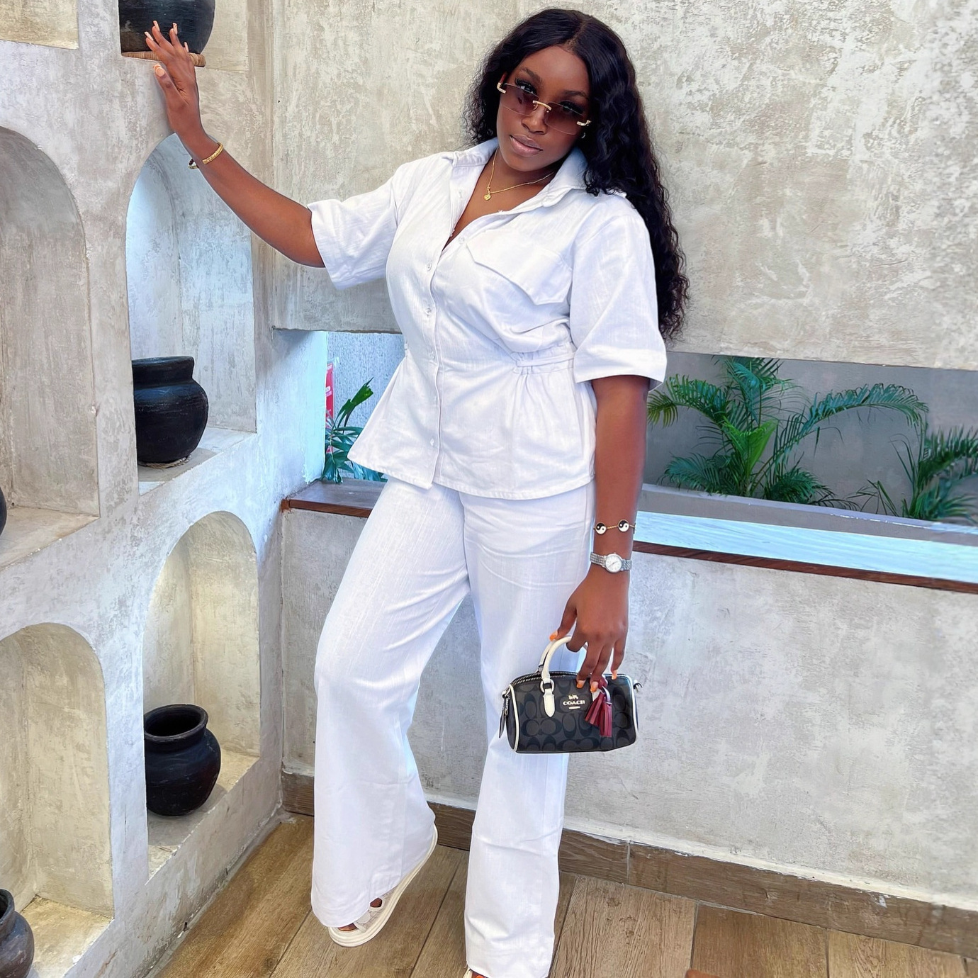 Women Solid Turndown Collar Short-Sleeved Cardigan Shirt and Casual Pants Two-Piece Set (African Trendy Two-Piece Set)