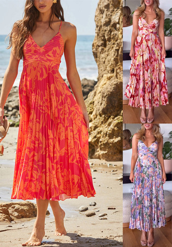 Women V-Neck Printed Sleeveless Beach Pleated Sexy Strap Dress