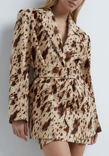 Women Fall Career Brown Printed Long-Sleeved Blazer Coat