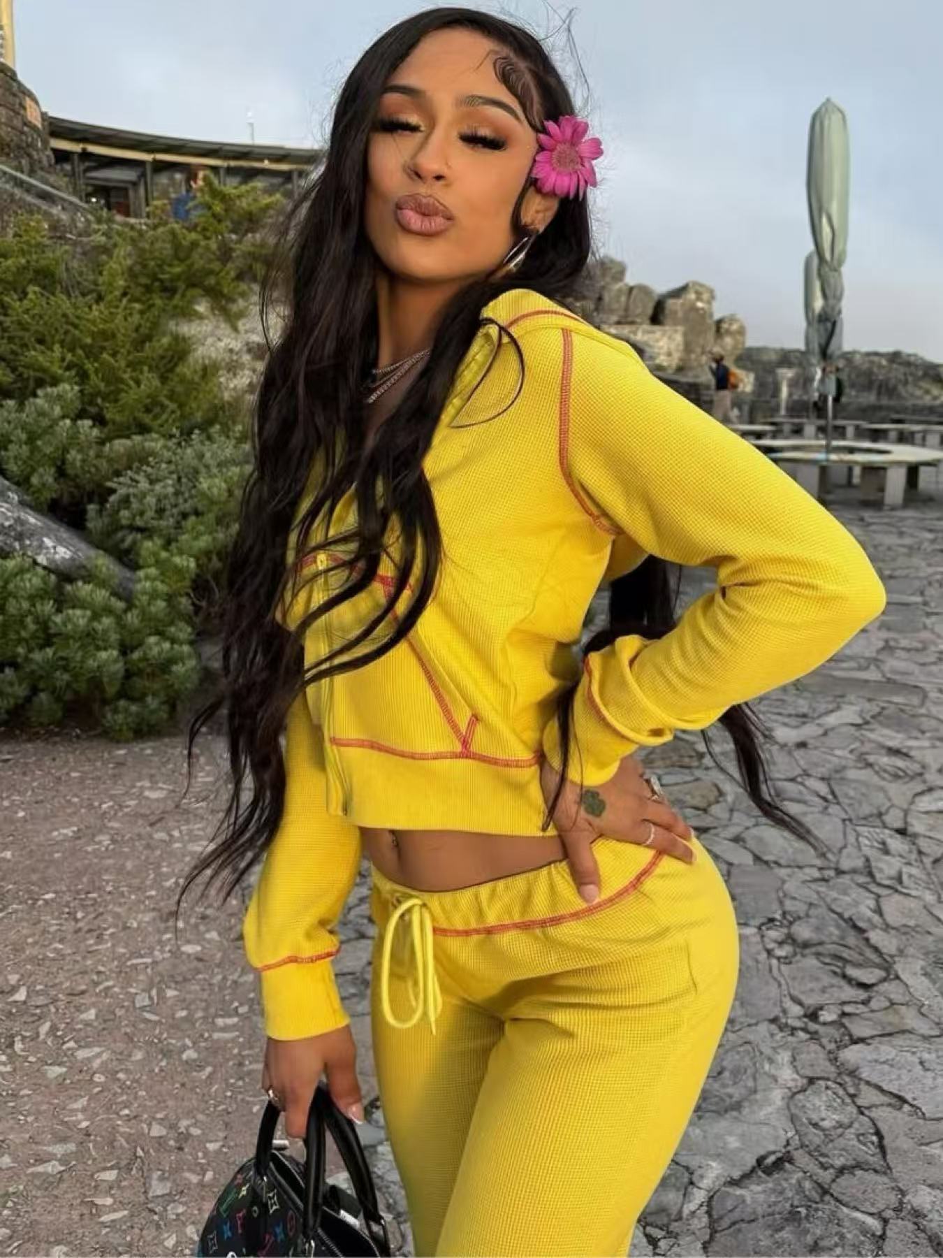 Women Casual Zippered Hooded Top and Bell Bottom Pants Two-Piece Set