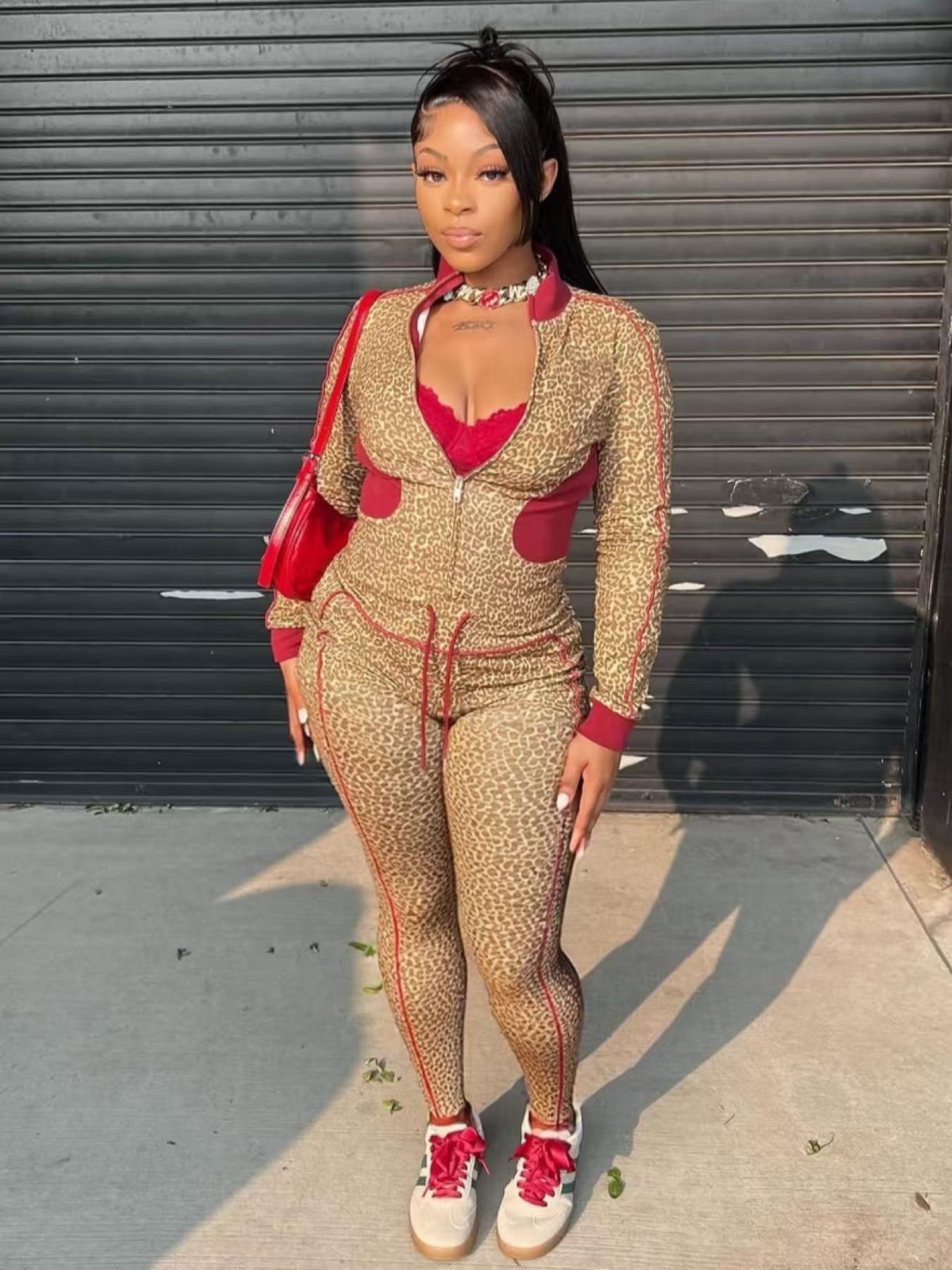 Women Leopard Print Contrast Long-Sleeved Zippered Top and Drawstring Pants Two-Piece Set