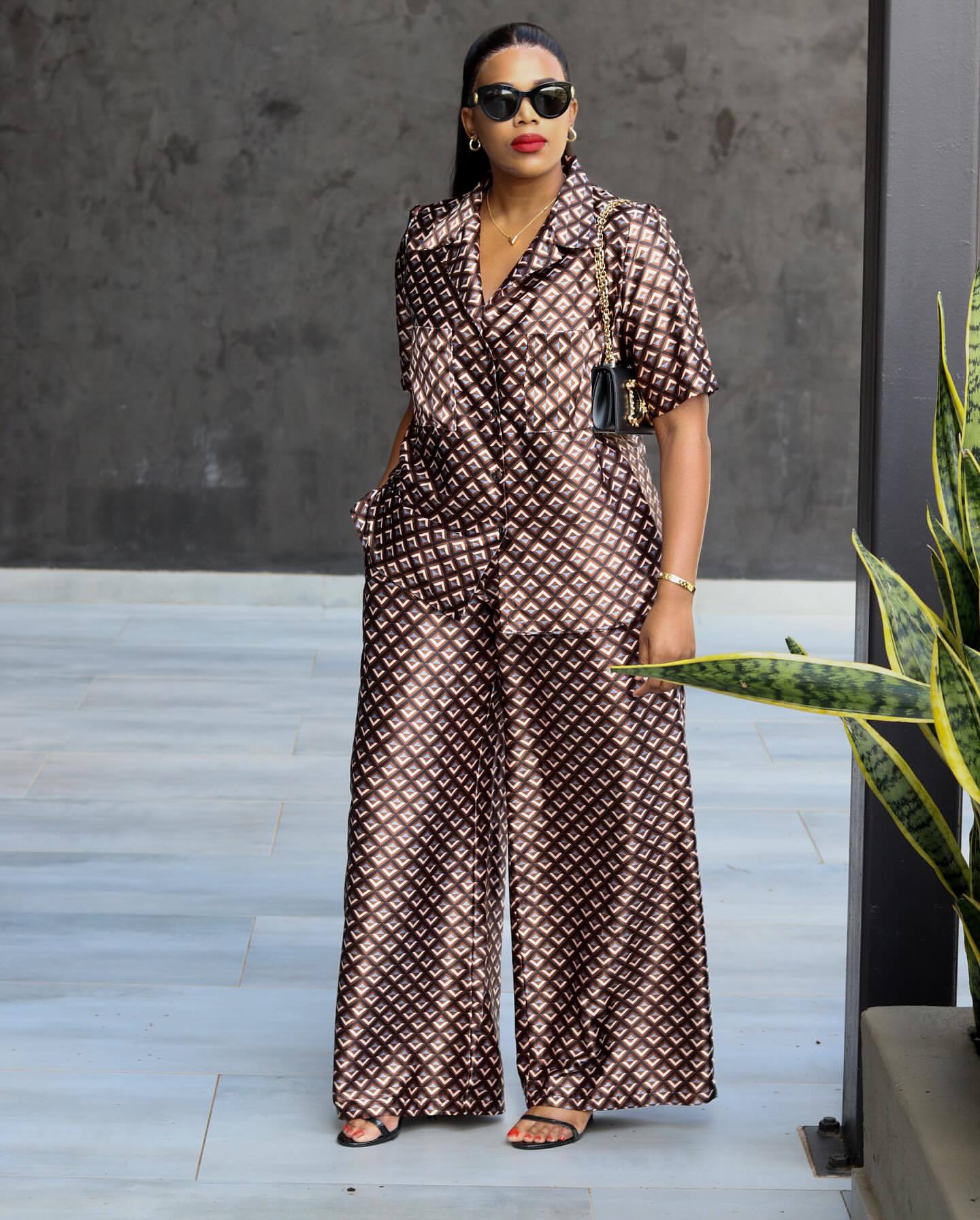 Women houndstooth short-sleeved turndown collar shirt and two-piece pants set