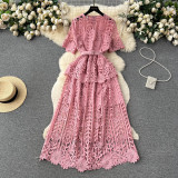 Women French-Style Short-Sleeved Openwork Lace Dress