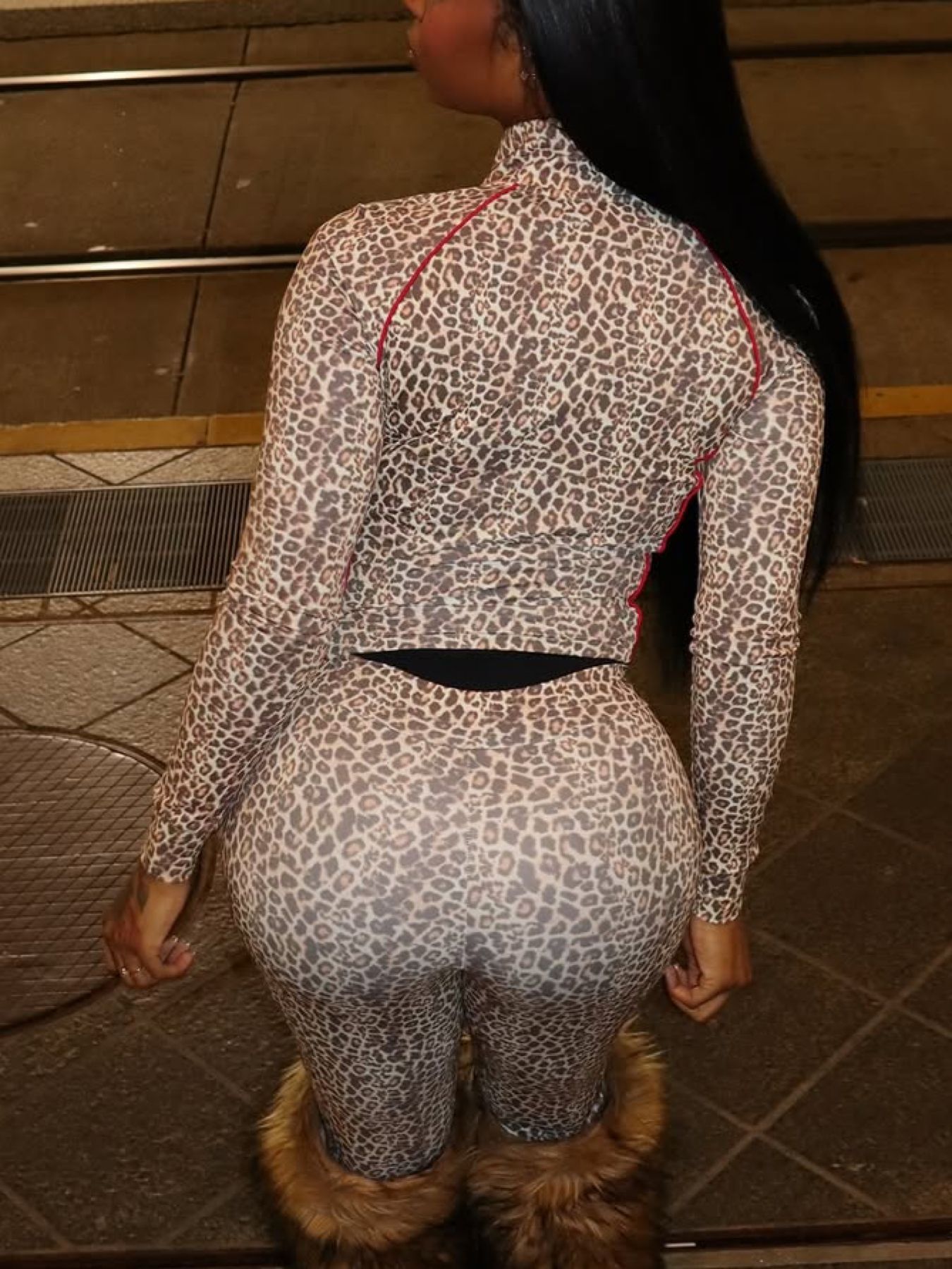 Women Bodycon Leopard Print Zippered Top and Pants Two-Piece Set