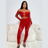 Women Solid Rhinestone Off-Shoulder Long-Sleeve Cropped Top and Pants Two-Piece Set