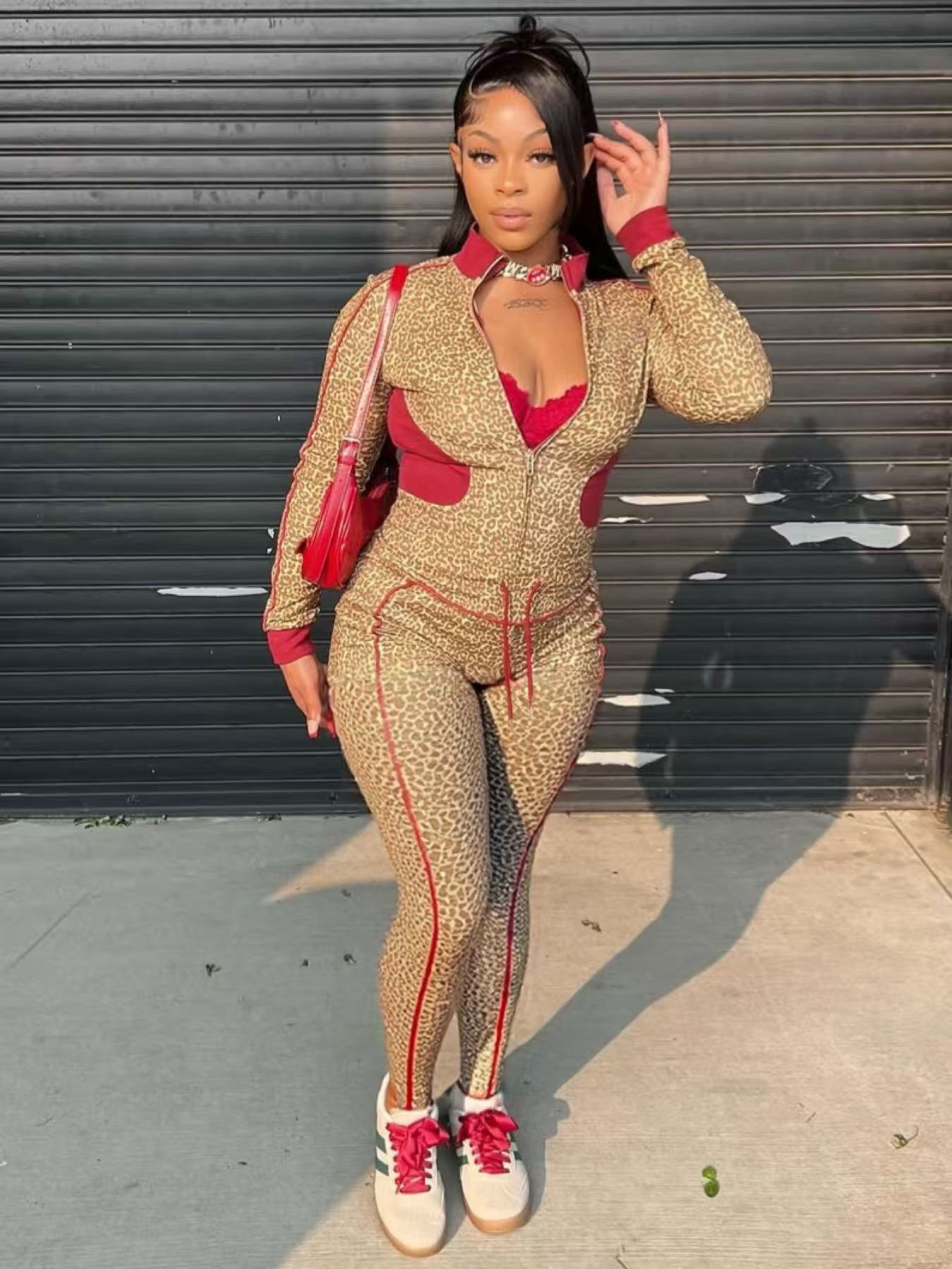 Women Leopard Print Contrast Long-Sleeved Zippered Top and Drawstring Pants Two-Piece Set