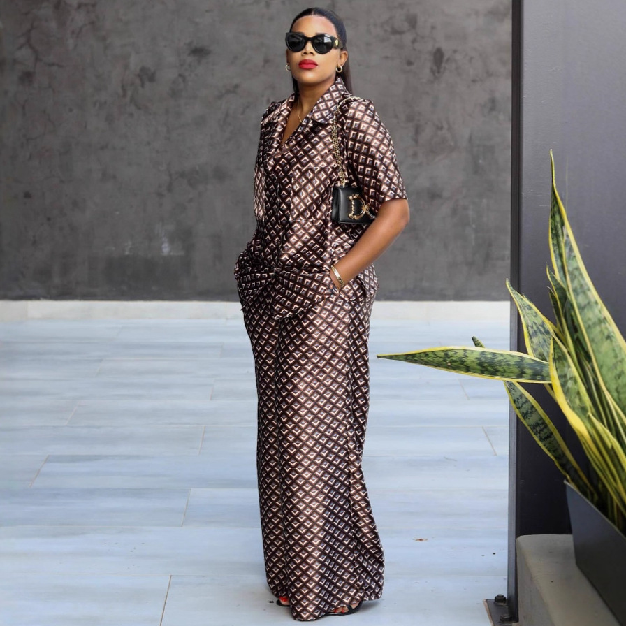 Women houndstooth short-sleeved turndown collar shirt and two-piece pants set