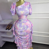 Women Puff Sleeve Slash Shoulder Printed Ruffled Dress