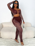 Women Solid Rhinestone Off-Shoulder Long-Sleeve Cropped Top and Pants Two-Piece Set