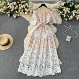 Women French-Style Short-Sleeved Openwork Lace Dress