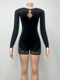 Women's Summer Lace Cut-Out Rhinestone-Embellished Long Sleeve Solid Color Slim-Fit Jumpsuit