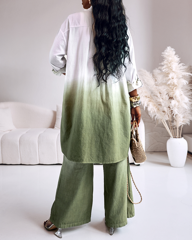 Women gradient printed long-sleeved shirt and wide-leg pants two-piece set - beltless