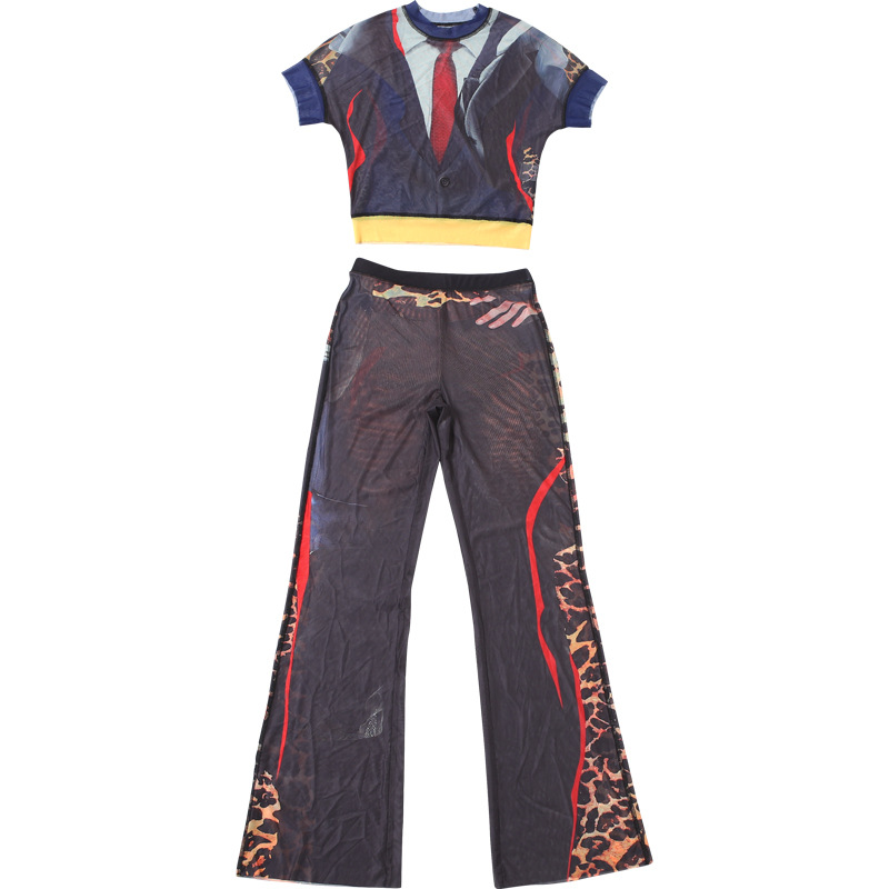 Women Fall Print Round Neck Short-Sleeved Top and Pants Two-Piece Set