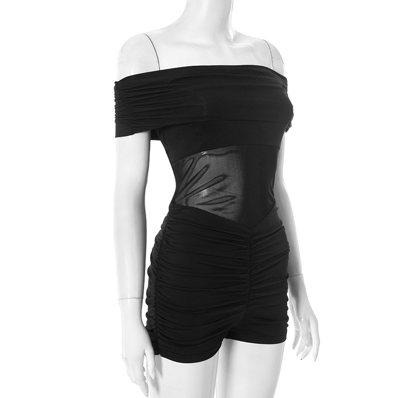 Fold-Over Off-Shoulder Patchwork Mesh See-Through Jumpsuit
