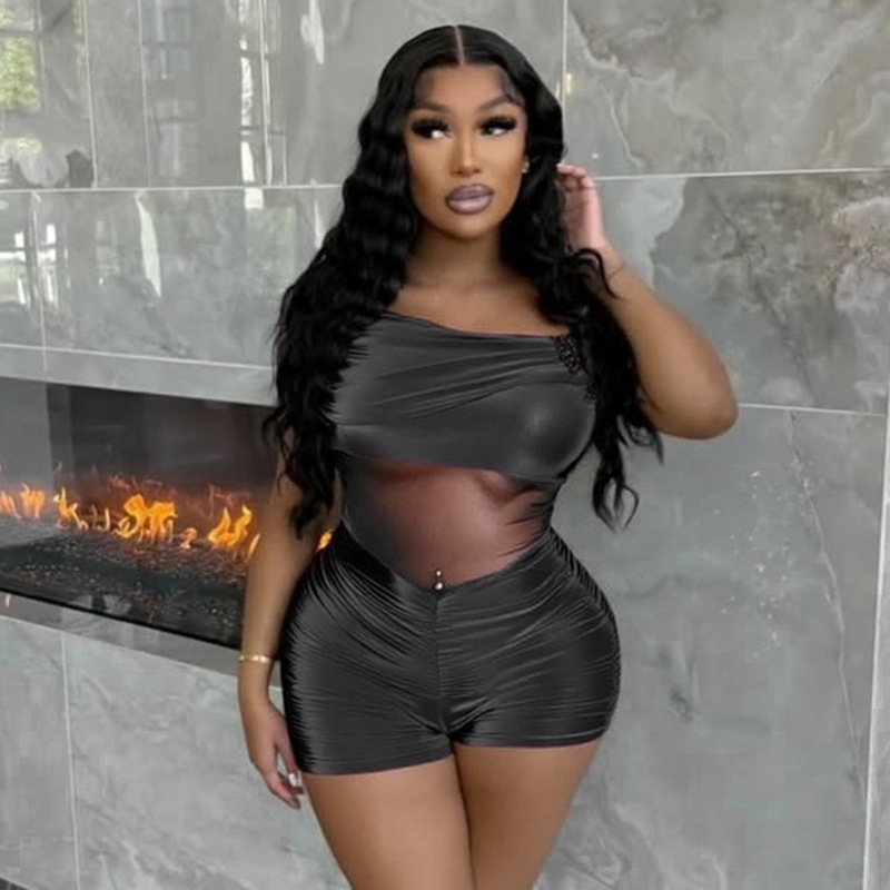 Fold-Over Off-Shoulder Patchwork Mesh See-Through Jumpsuit