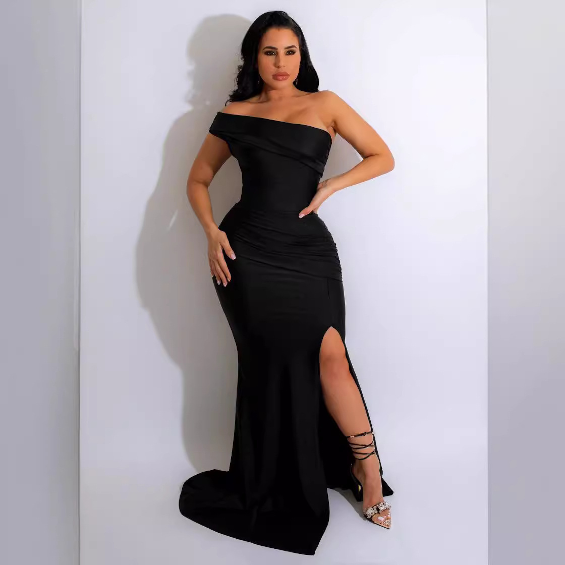Women's Autumn Sexy Formal Dress Ruched One-Shoulder Fashion Chic Maxi Evening Gown
