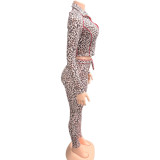Women Bodycon Leopard Print Zippered Top and Pants Two-Piece Set