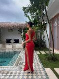 Women's Spring & Summer Sexy Slash Shoulder Top & Slit Skirt Solid Color Knitted Two-Piece Set For Holidays