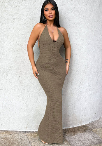 Women's Summer Sexy V-Neck Halter Neck Low Back Knitted Long Dress