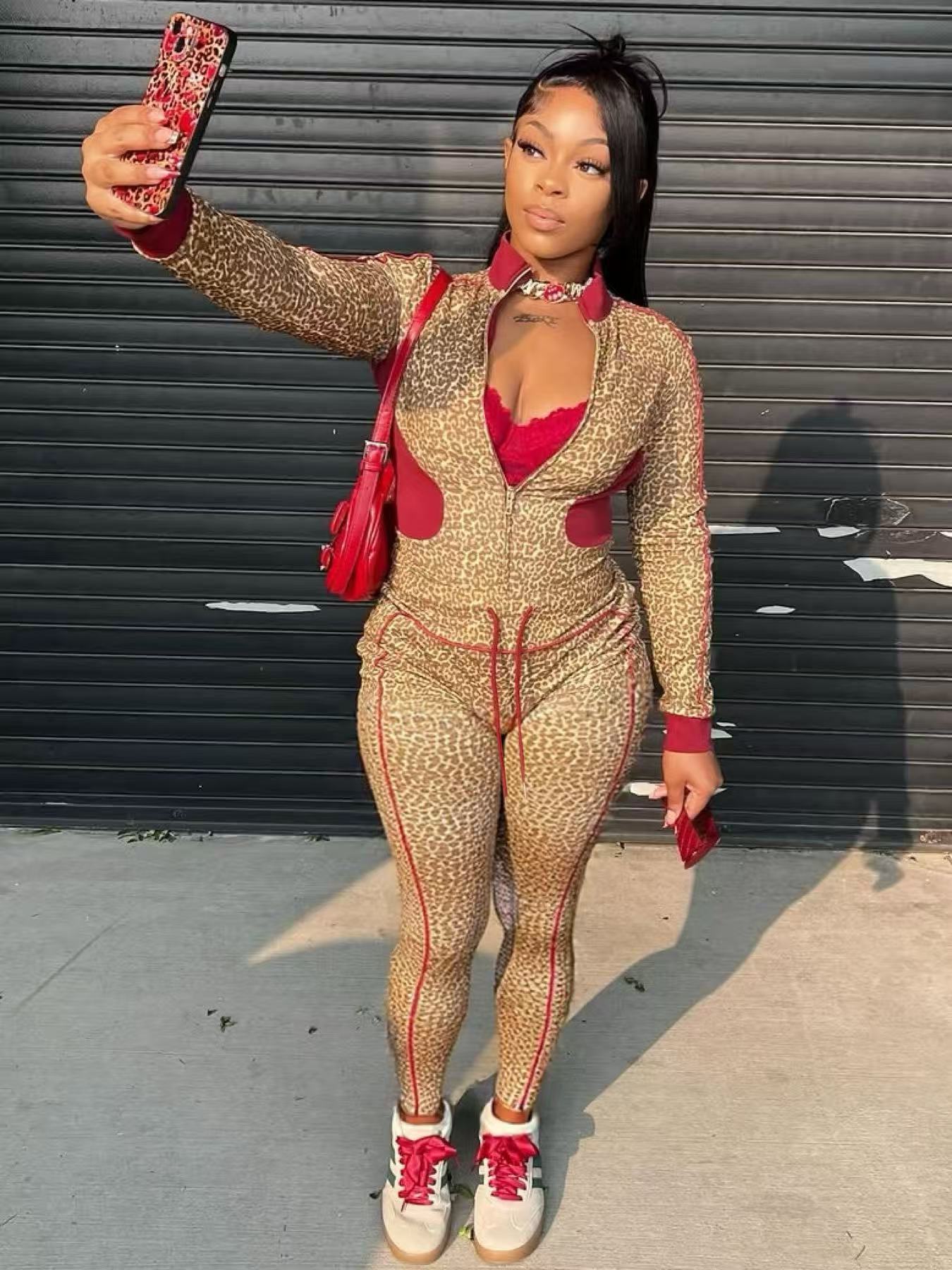 Women Leopard Print Contrast Long-Sleeved Zippered Top and Drawstring Pants Two-Piece Set