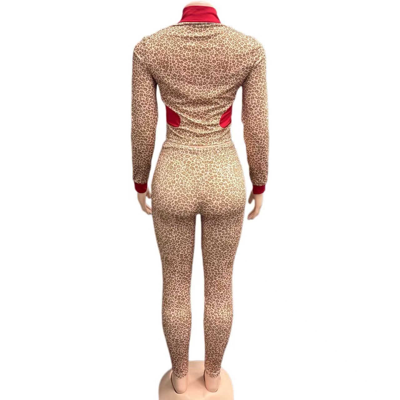 Women Leopard Print Contrast Long-Sleeved Zippered Top and Drawstring Pants Two-Piece Set