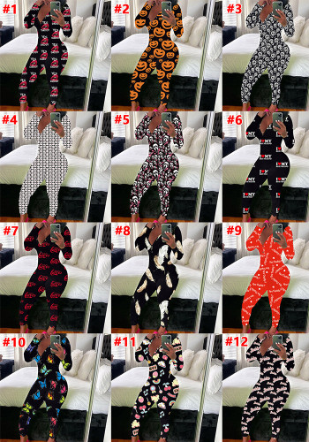 Women's Sexy Fashion Pattern Print Deep V-Neck Long Sleeve Tight Slim Jumpsuit