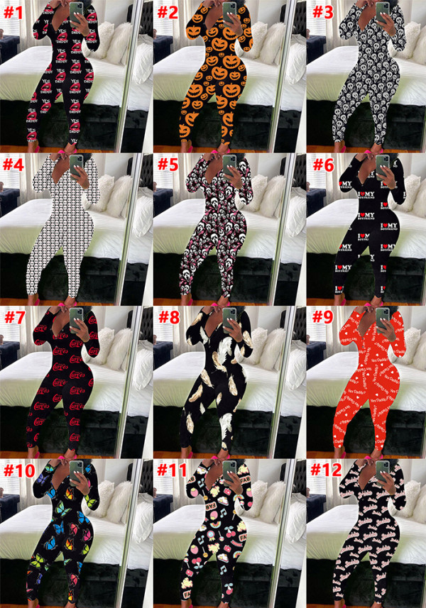 Women's Sexy Fashion Pattern Print Deep V-Neck Long Sleeve Tight Slim Jumpsuit