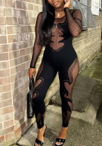 Sexy Fashion Mesh See-Through Long Sleeve Round Neck Lace Jumpsuit