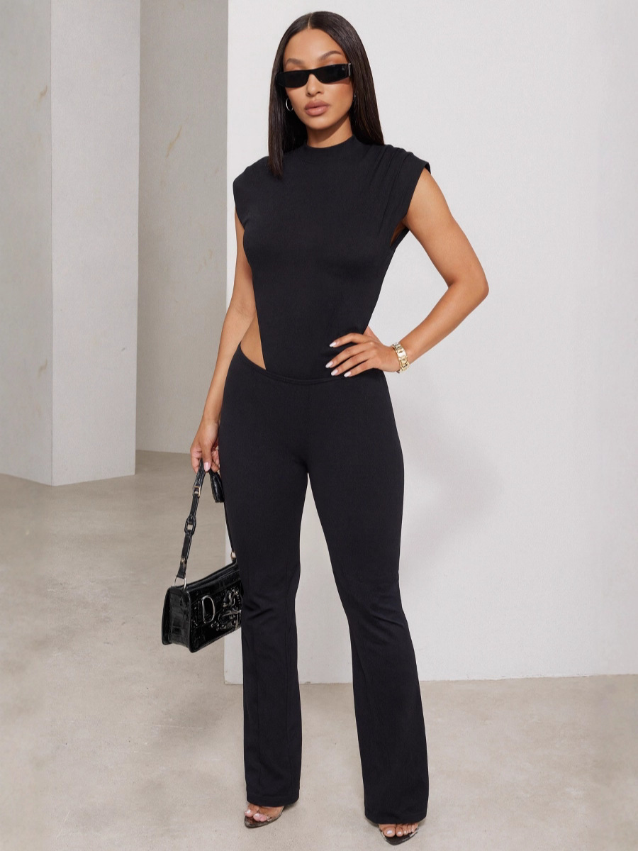 Women's Round Neck Sleeveless Side Cut-Out Black Bodysuit Top & Tight Fitting Pants Two-Piece Set