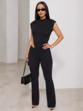 Women's Round Neck Sleeveless Side Cut-Out Black Bodysuit Top & Tight Fitting Pants Two-Piece Set