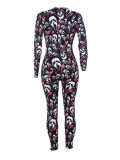 Women's Sexy Fashion Pattern Print Deep V-Neck Long Sleeve Tight Slim Jumpsuit