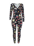 Women's Sexy Fashion Pattern Print Deep V-Neck Long Sleeve Tight Slim Jumpsuit