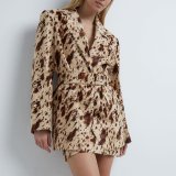 Women Fall Career Brown Printed Long-Sleeved Blazer Coat