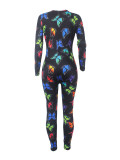 Women's Sexy Fashion Pattern Print Deep V-Neck Long Sleeve Tight Slim Jumpsuit