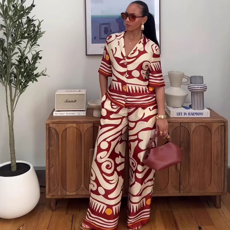 Fashion Women's Turndown Collar Printed Shirt & High-Waisted Wide-Leg Pants African Chic Elegant Two-Piece Set For Summer