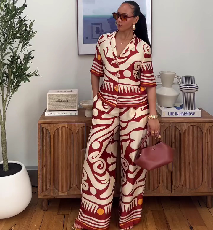 Fashion Women's Turndown Collar Printed Shirt & High-Waisted Wide-Leg Pants African Chic Elegant Two-Piece Set For Summer