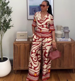 Fashion Women's Turndown Collar Printed Shirt & High-Waisted Wide-Leg Pants African Chic Elegant Two-Piece Set For Summer