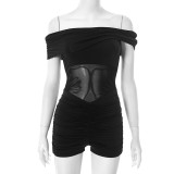 Women Spring/Summer fold-over off-shoulder patchwork mesh see-through jumpsuit