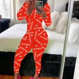 Women's Sexy Fashion Pattern Print Deep V-Neck Long Sleeve Tight Slim Jumpsuit