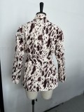 Women Fall Career Brown Printed Long-Sleeved Blazer Coat
