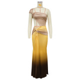 Summer Women's Sexy One-Shoulder Open Waist Gradient Long Dress