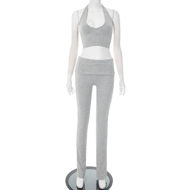 Women sexy ribbed halter neck Drawstring vest with fold-over pants two-piece set