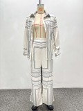Plus-size African Women long-sleeved turndown collar striped shirt and two-piece pants set