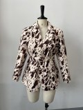 Women Fall Career Brown Printed Long-Sleeved Blazer Coat