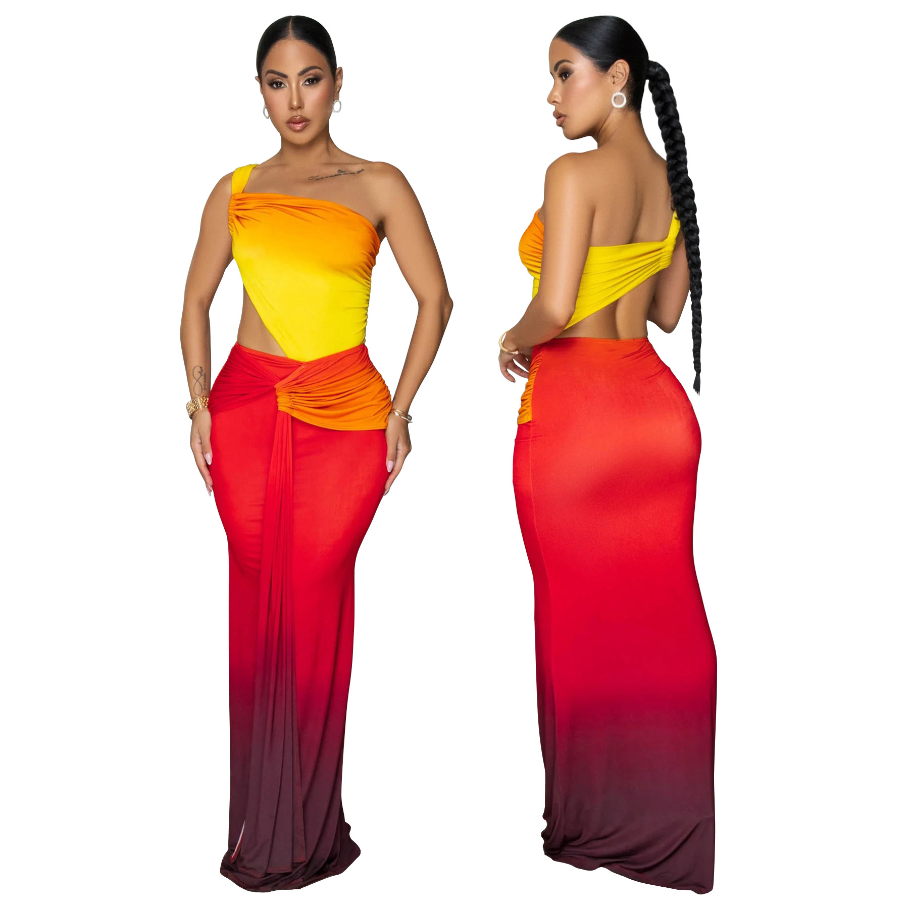 Summer Women's Sexy One-Shoulder Open Waist Gradient Long Dress