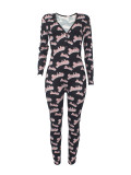 Women's Sexy Fashion Pattern Print Deep V-Neck Long Sleeve Tight Slim Jumpsuit