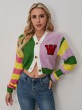 Women Casual Multi-Color Letter Sweater Stripe Contrast Button Long-Sleeved Cropped Jacket
